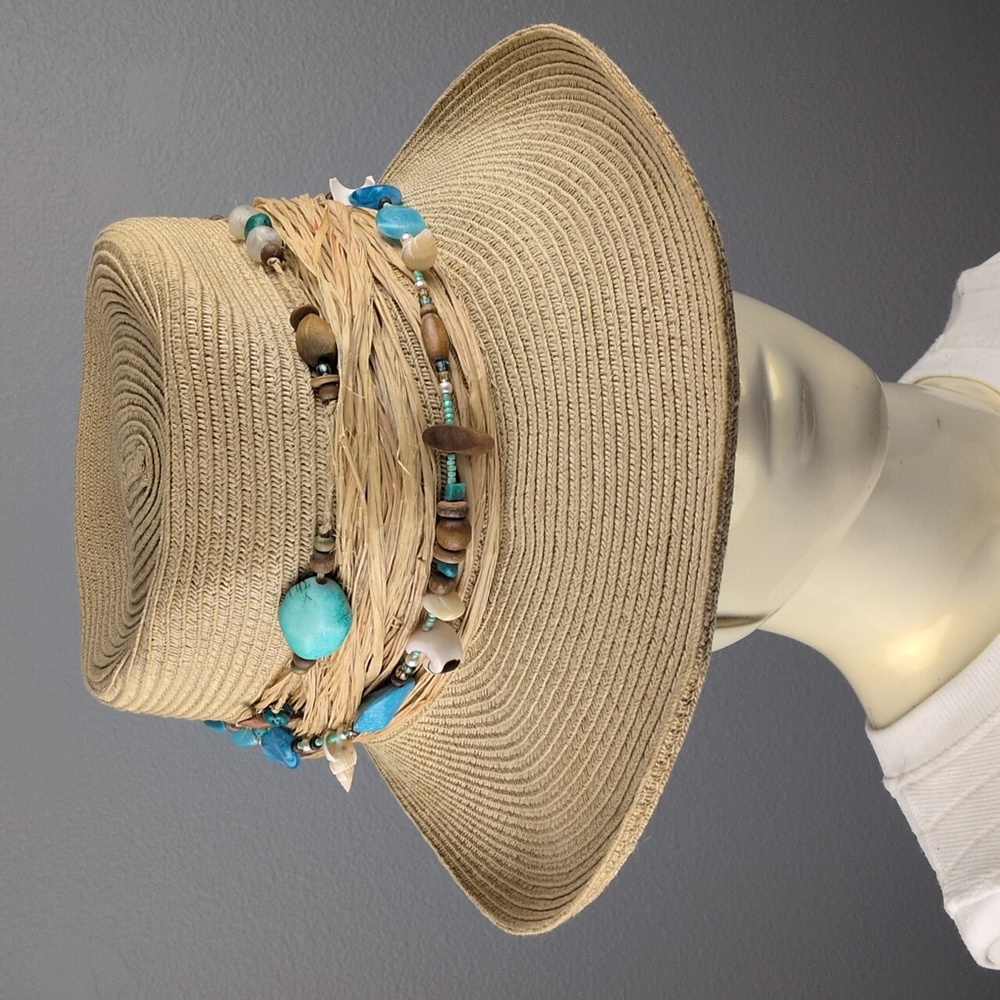 Scala Tan and Blue Straw Hat with Beaded Accent